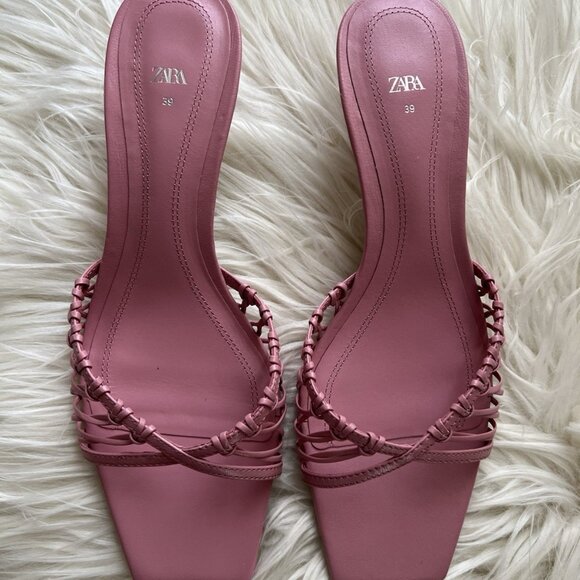 Zara Pink Leather Kitten Heel Sandals - Picture 1 of 5